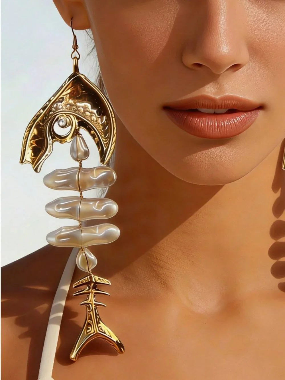 Golden Elegant Women's  Fishbone Shaped faux Pearl Long Dangle Earrings